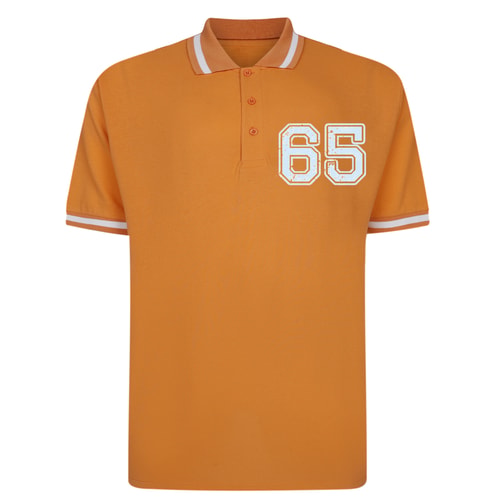 Apricot polo shirt front view with white 65 chest print.